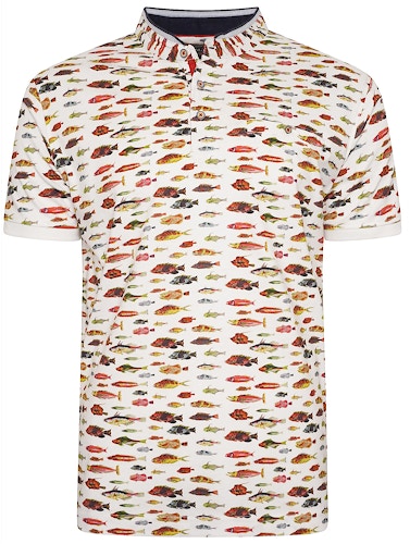 KAM Fish Print Grandad Collar Polo Shirt Ecru